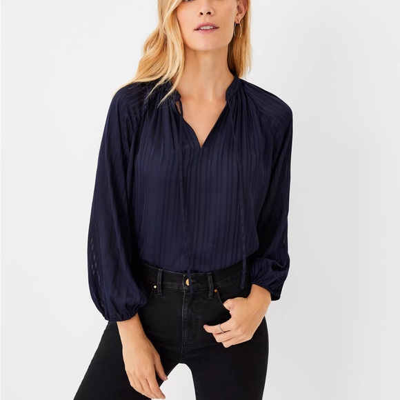 Ann Taylor Tops - Ann Taylor Tie Neck Tunic Top Deep Navy Blue Longsleeve L Large
